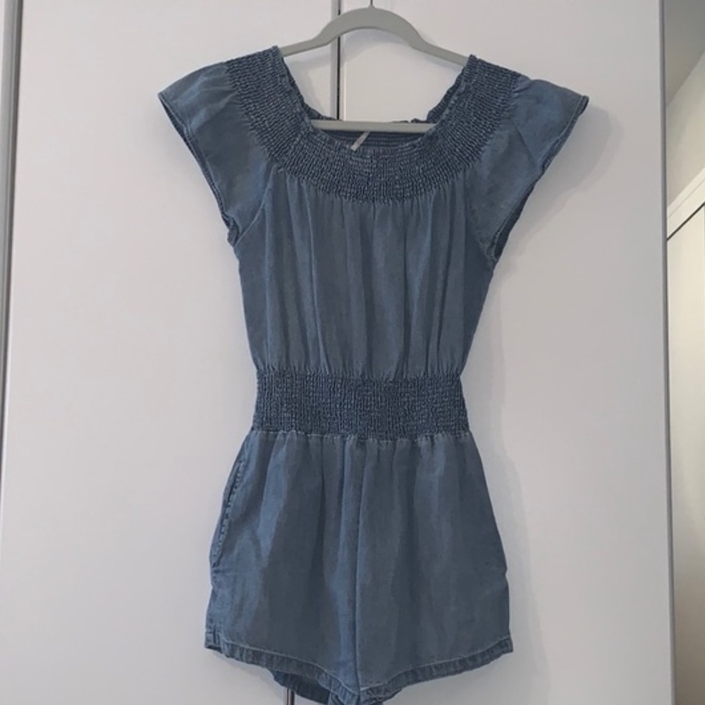 free people smocked denim romper